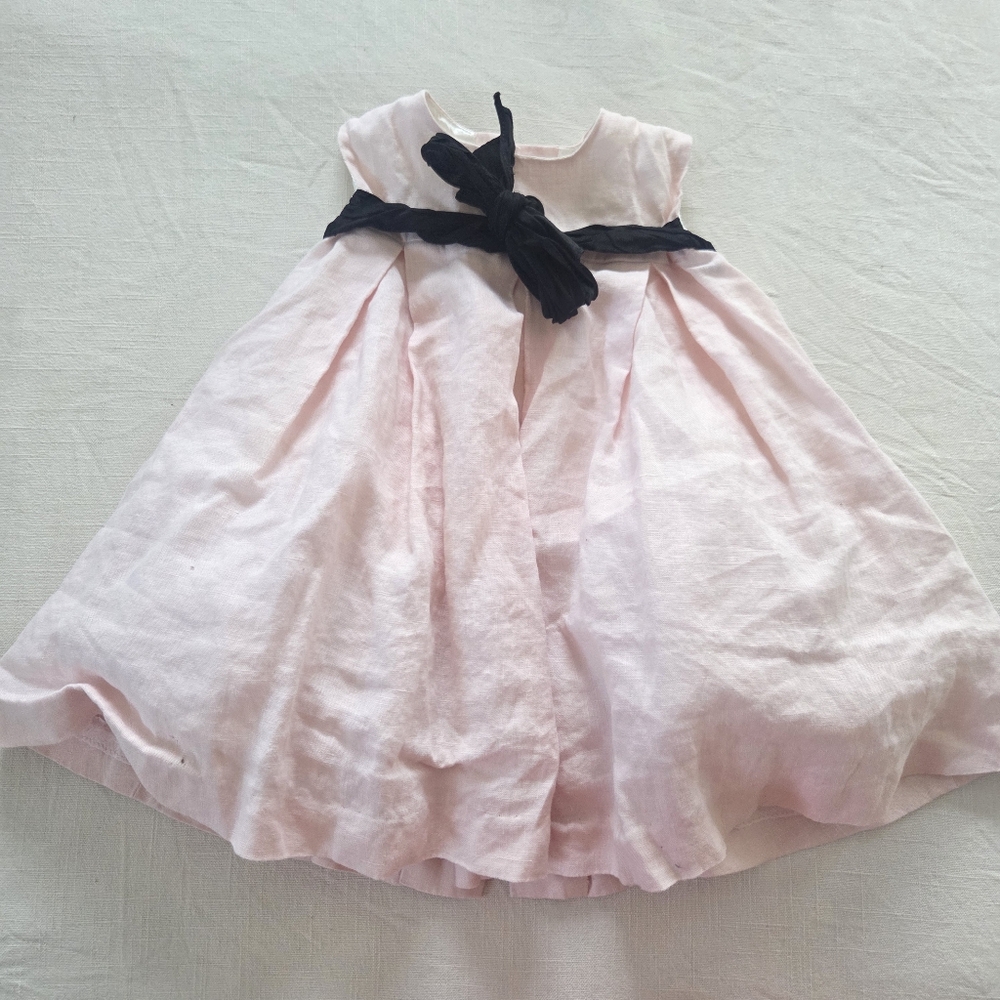 Neiman Marcus Helena 100% Linen Pink Dress with Black Bow 12 18 24 Months